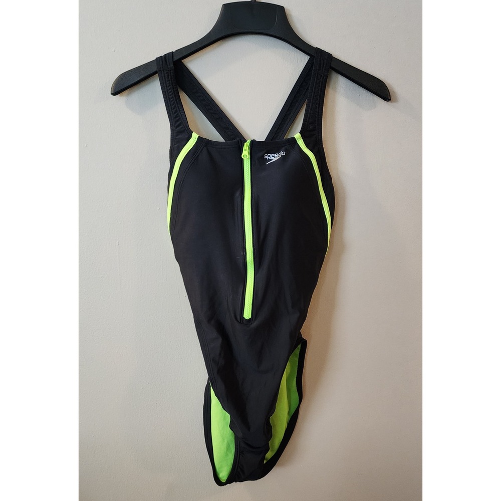 Speedo PowerFLEX Eco Swimsuit Womens 14 Black Neon Green Good Zip One Piece